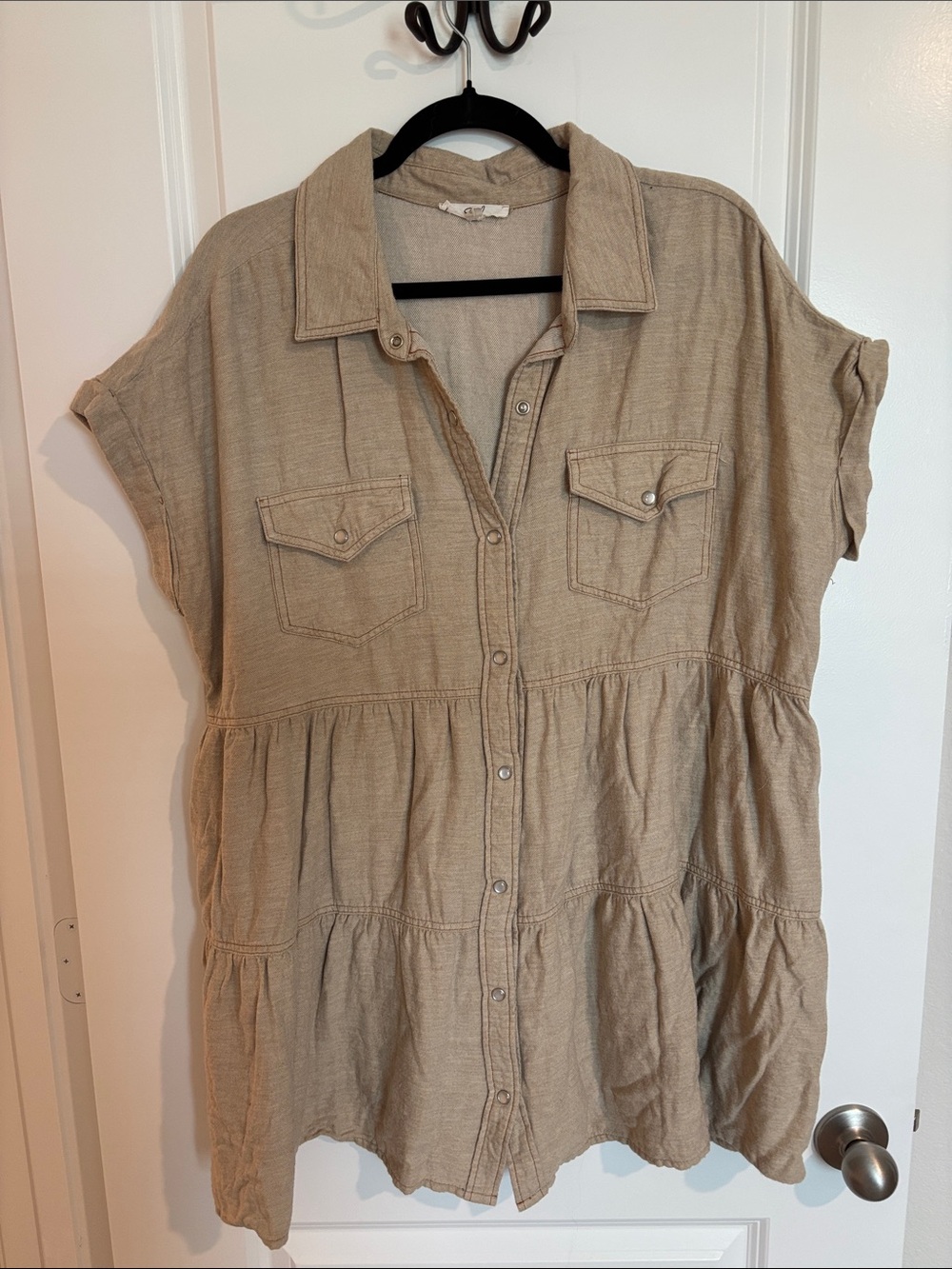 easel Beige Tiered Button-Front Mini Shirt Dress